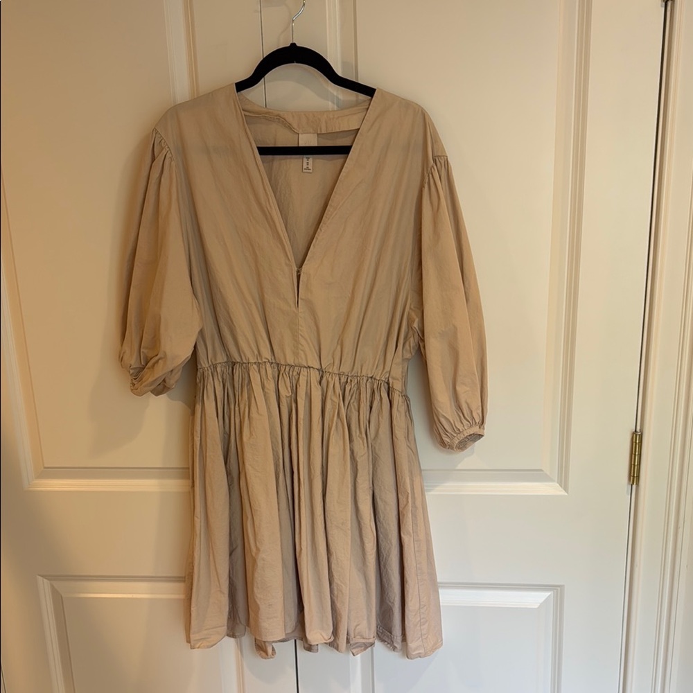 H&M Tan Pleated Wrap Sundress with Bishop Sleeves